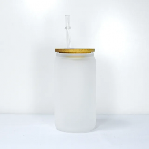 Frosted Libbey Glass can with bamboo lid 