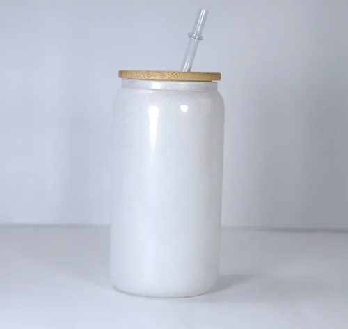 White Sublimation Glitter Libbey glass can with bamboo lid