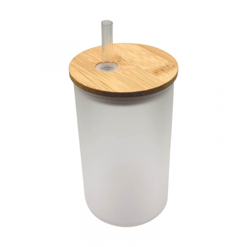Frosted Libbey Glass straight with bamboo lid 
